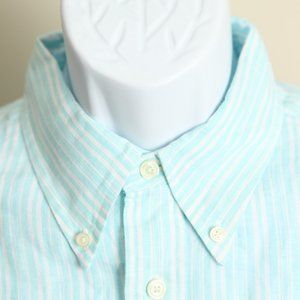 Brooks Brothers Men's teal and white striped 100% linen l/s shirt Large L